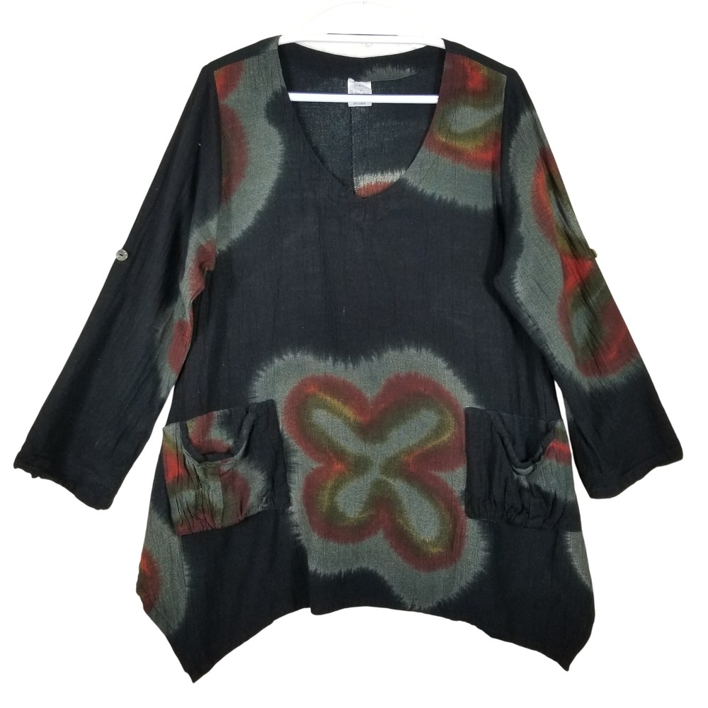 Sultry Touch Womens‎ Rayon Linen Tie Dye Sharkbite Tunic Top Black Red Green S/M